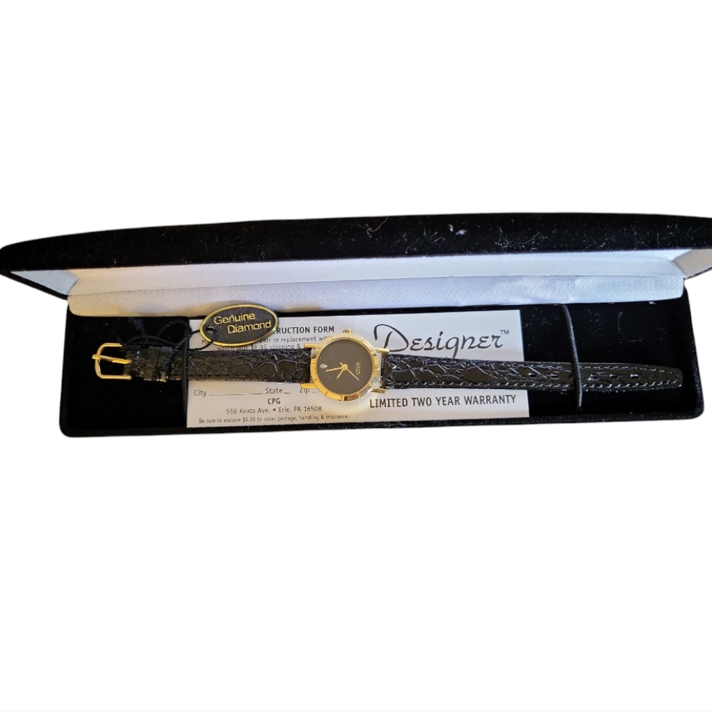Black And Gold Designer Watch With Genuine Diamond